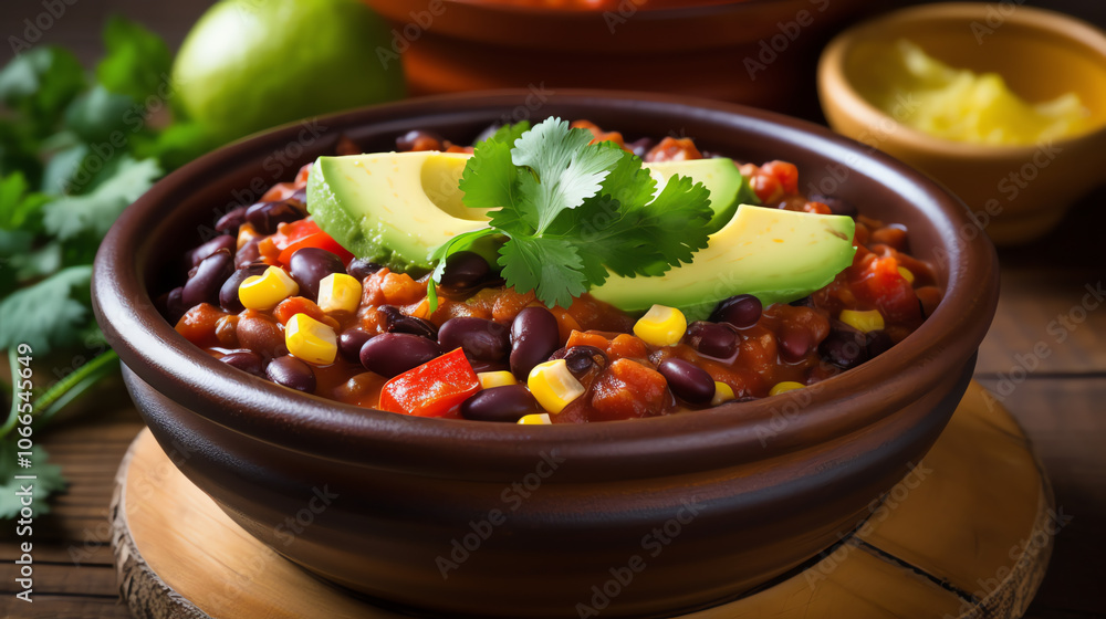 Vegetarian three bean chili with avocado Vegetarian three bean chili with avocado