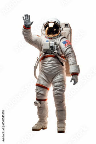 Friendly male astronaut in full spacesuit waving hand, isolated on white background