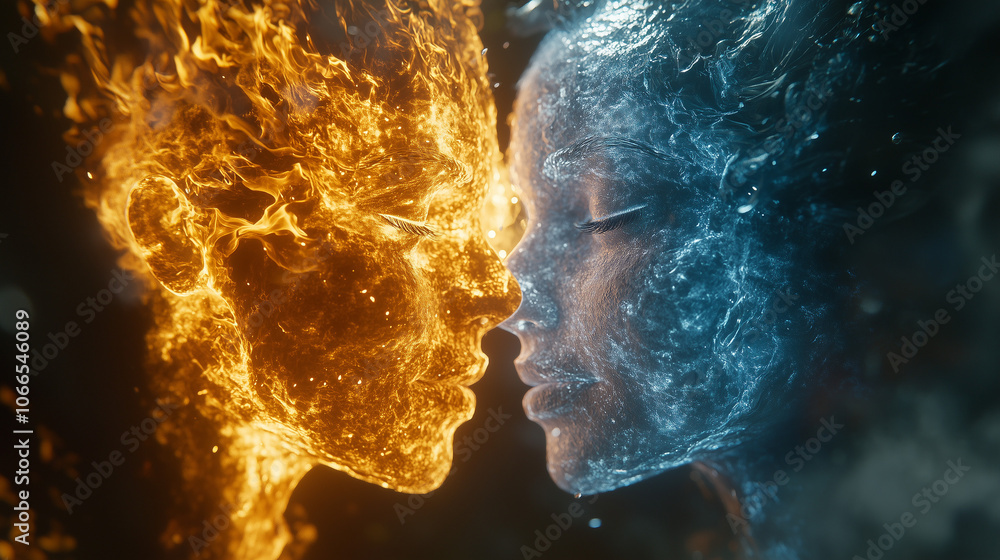 Emotional conceptual art featuring two faces split apart, one side engulfed in fire, the other in ice, dark background Emotional conceptual art featuring two faces split apart, one side engulfed in fire, the other in ice, dark background