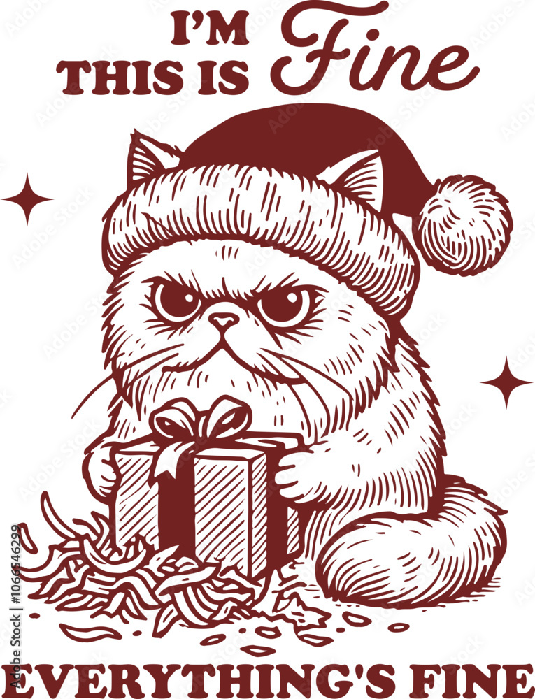 Naklejka premium I'm Fine This is Fine Everything's Fine Quote, Funny Christmas Grumpy Persian Cat, Cute Santa Cat in Xmas