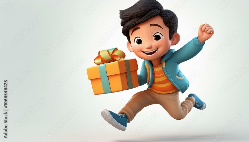 christmas and happy new year boy holds a gift box and jumps with joyful christmas and happy new year boy holds a gift box and jumps with joyful
