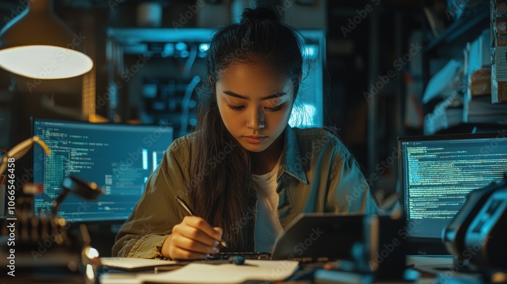 A woman is sitting at a desk with a computer monitor A woman is sitting at a desk with a computer monitor