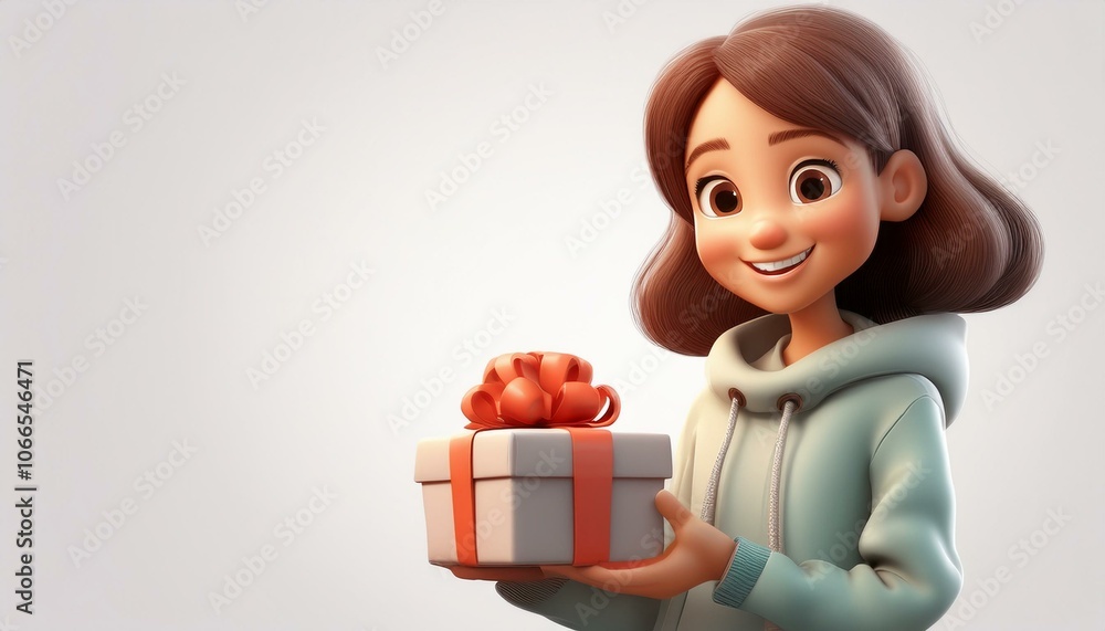 3D cartoon woman happy holding gift box 3D cartoon woman happy holding gift box