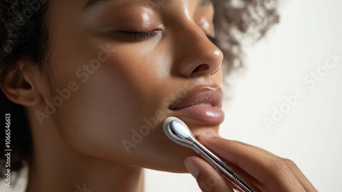 Close-up of a woman's face with a silver brush on her cheek photo