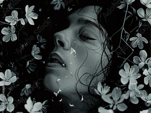 Dreamy Monochrome Portrait of a Woman Surrounded by Flowers