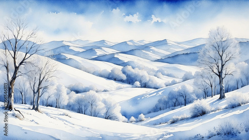 Wallpaper Mural Watercolor painting of a serene winter landscape with snowy hills and bare trees Torontodigital.ca