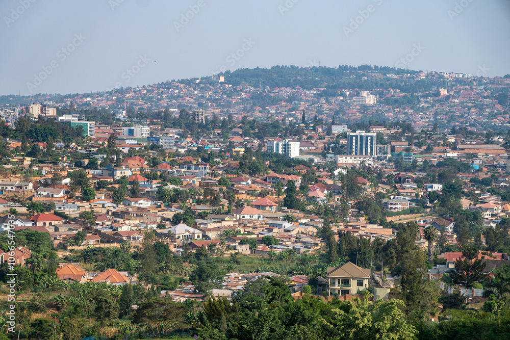 Kigali, Aerial view of a busy city with houses, trees, and urban design, Rwanda Kigali, Aerial view of a busy city with houses, trees, and urban design, Rwanda