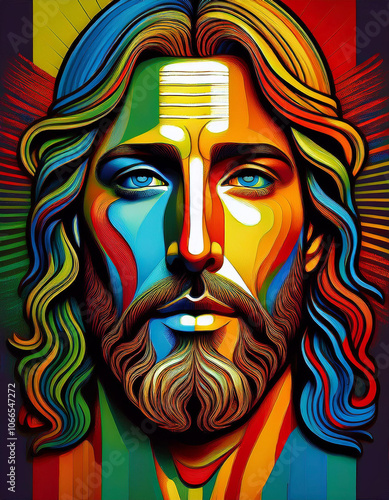 Divine Spectrum: A Colorful Tribute to Faith - Blending Primary Hues with Stripes to Illuminate the Sacred Face of Jesus Christ