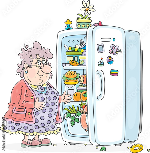 Funny plump elderly housewife peeking into her home kitchen fridge full of tasty things to have a bite to eat, vector cartoon illustration isolated on a white background