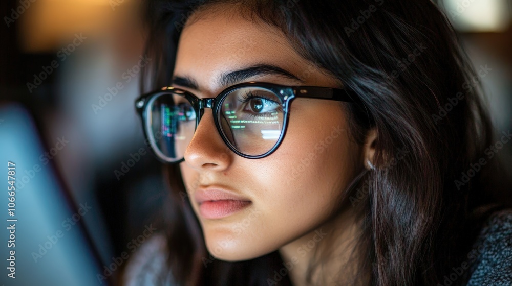 A woman wearing glasses is looking at a computer screen A woman wearing glasses is looking at a computer screen