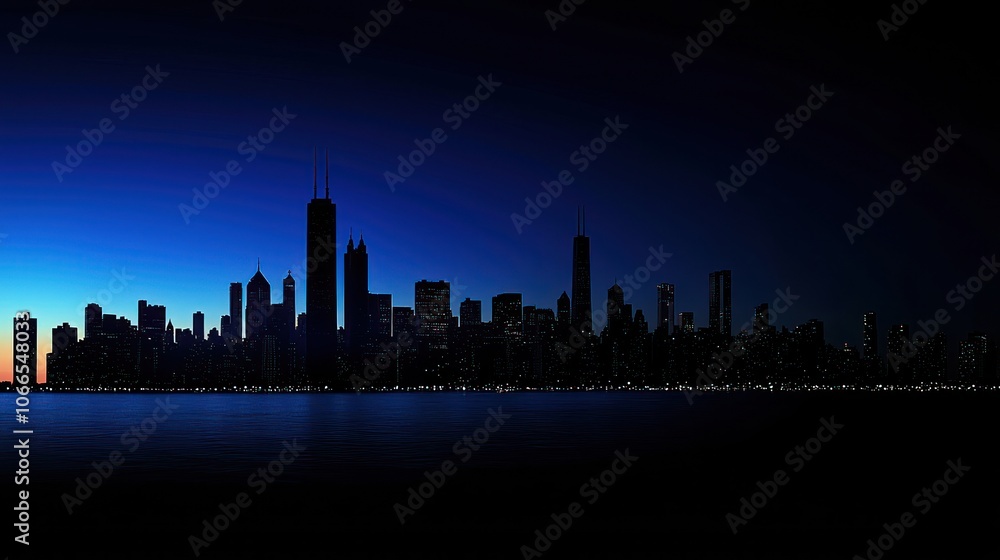 Design a city skyline at dusk, where the buildings are silhouetted against a gradient of blues as the day transitions to night. Design a city skyline at dusk, where the buildings are silhouetted against a gradient of blues as the day transitions to night.