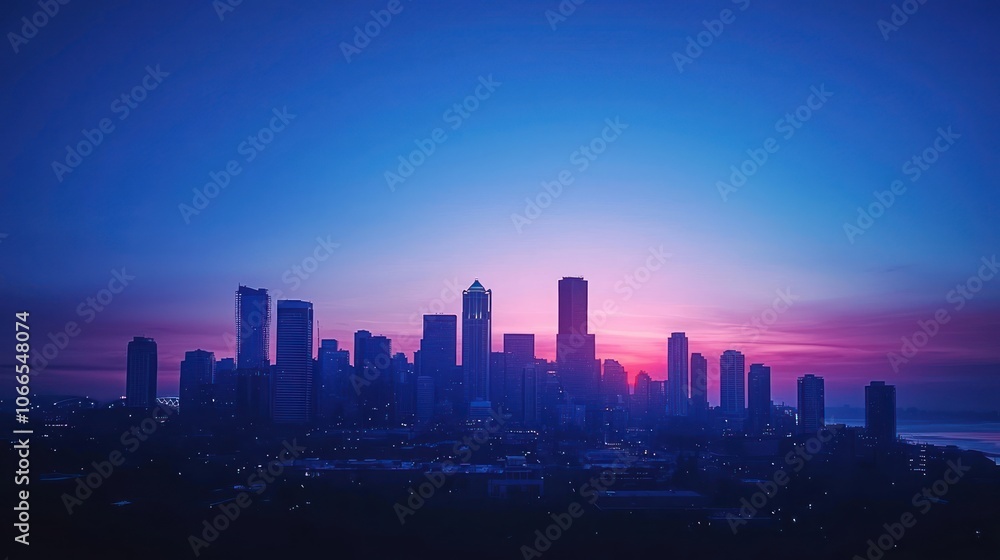 Design a city skyline at dusk, where the buildings are silhouetted against a gradient of blues as the day transitions to night. Design a city skyline at dusk, where the buildings are silhouetted against a gradient of blues as the day transitions to night.