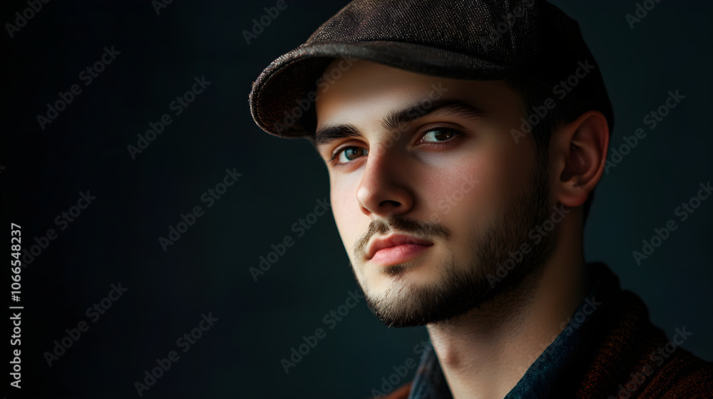 Obraz premium Young man in cap with serious expression, showcasing confidence and style