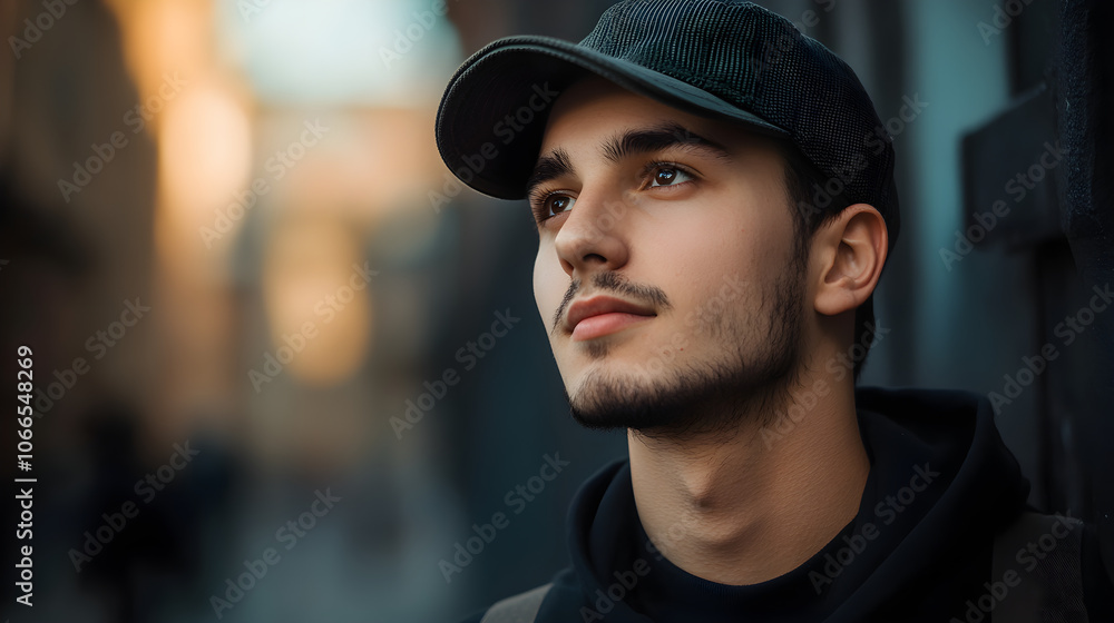 young man in cap gazes thoughtfully, surrounded by urban scenery young man in cap gazes thoughtfully, surrounded by urban scenery
