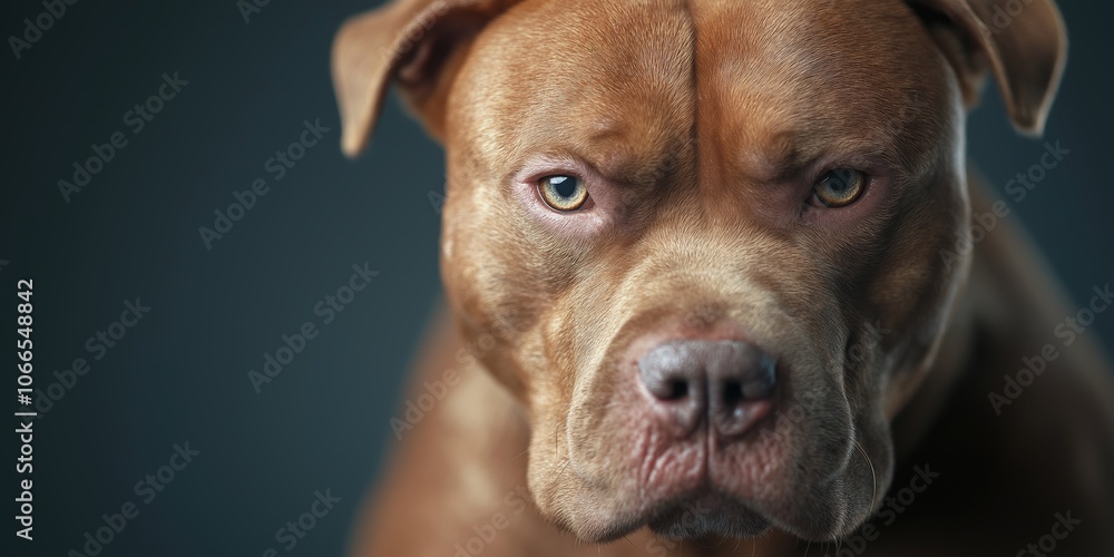 Obraz premium A close-up of an XL bully in a growling aggressive posture, muscles tensed and ears pulled back, with an intense look in its eyes