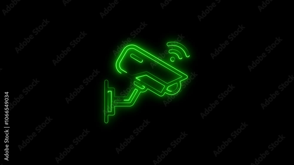 Neon Surveillance Camera Icon with Wi-Fi Symbol on Black Background Neon Surveillance Camera Icon with Wi-Fi Symbol on Black Background