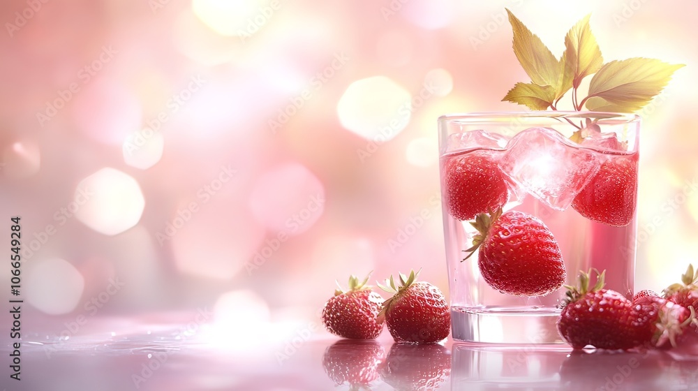 A refreshing glass of strawberry lemonade with ice and fresh berries, shot against a pink bokeh background. A refreshing glass of strawberry lemonade with ice and fresh berries, shot against a pink bokeh background.