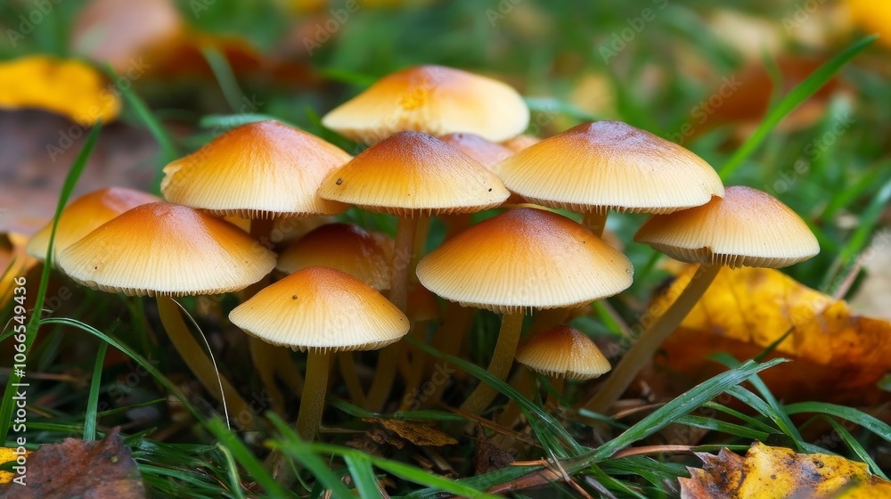 In a woodland, tiny, fresh mushrooms emerge from the fall grass. A mystical scene is created by the leaves and mushrooms, making it ideal for mushroom harvesting. In a woodland, tiny, fresh mushrooms emerge from the fall grass. A mystical scene is created by the leaves and mushrooms, making it ideal for mushroom harvesting.