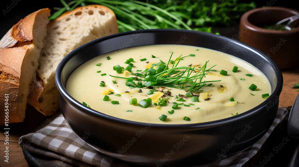 Homestyle potato cream soup with fresh herbs garnish Homestyle potato cream soup with fresh herbs garnish