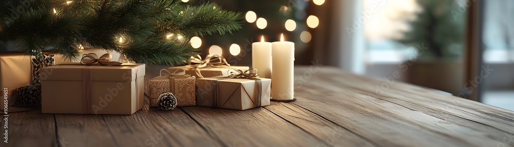 Christmas Presents Underneath a Lit Pine Branch with Candles Christmas Presents Underneath a Lit Pine Branch with Candles