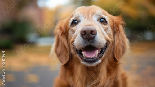 Close-up portrait of a golden retriever smiling in autumn foliage