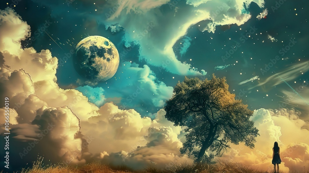 Dreamy Landscape with a Starry Night and a Silhouetted Woman Dreamy Landscape with a Starry Night and a Silhouetted Woman