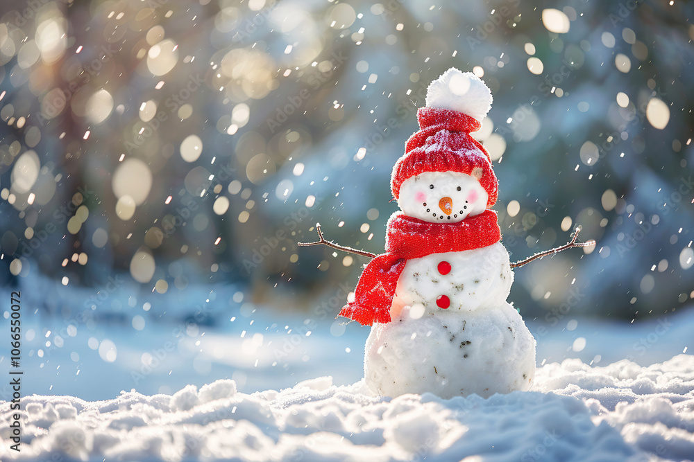 Christmas greeting card with bright winter holiday snowman and New Year background Christmas greeting card with bright winter holiday snowman and New Year background