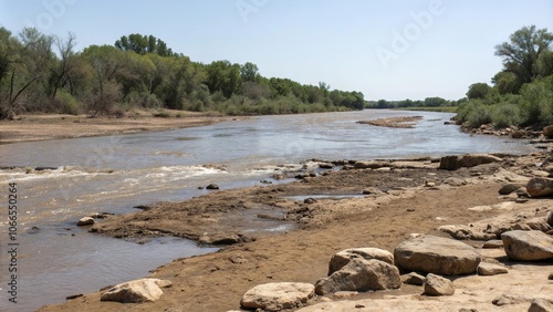 Muddy river bank with exposed rocks and water, erosion, rocks, riverbed photo