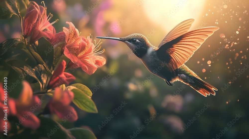 Fototapeta premium A Hummingbird in Flight, Hovering Near a Pink Flower in Sunlight