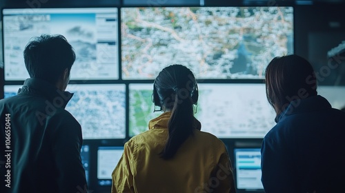 A team of disaster risk management experts analyzing data to predict and mitigate the impact of future natural disasters.