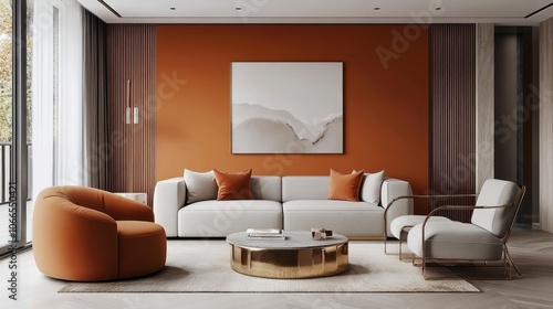 Modern Living Room Interior with Orange Accent Wall and White Furniture