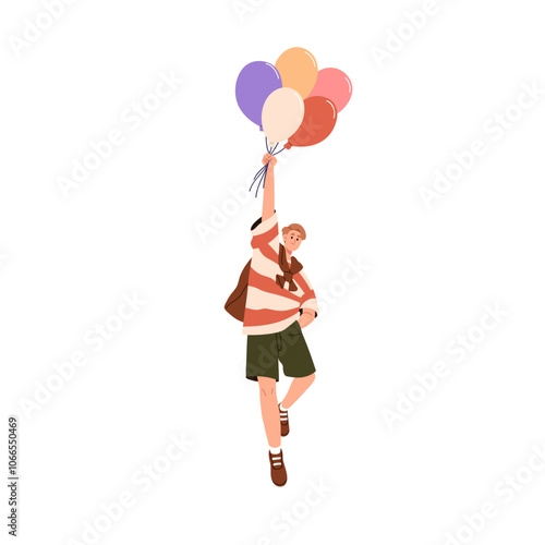 Happy man flying with balloons. Carefree young dreamer holding helium baloons, soaring in air flight. Freedom, fun and adventure concept. Flat vector illustration isolated on white background