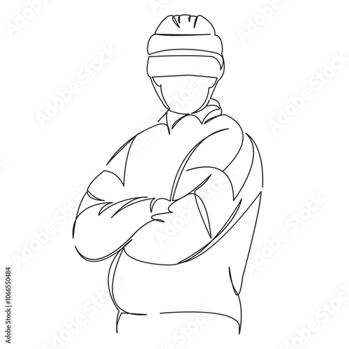 One continuous single drawing line art flat doodle sport, referee, hockey, ice, rink, man, puck, skate, athlete, arbiter. Isolated image hand draw contour on a white background
