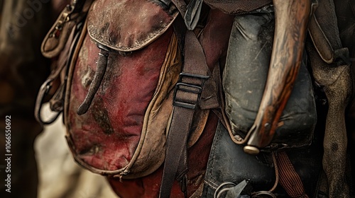 Close-up of a Worn Leather Backpack with Straps and Buckles photo