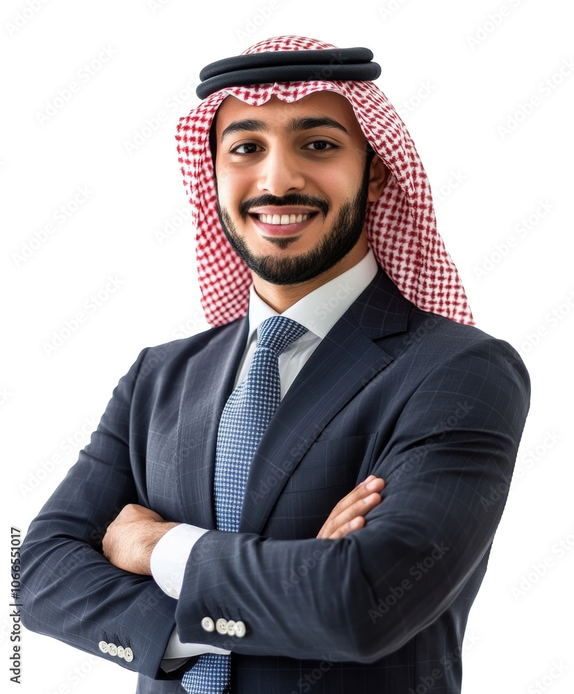 Smiling businessman in suit and keffiyeh, confident pose, isolated image on transparent background Smiling businessman in suit and keffiyeh, confident pose, isolated image on transparent background