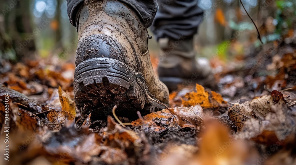 Mud-Caked Hiking Boot in Autumn Leaves Mud-Caked Hiking Boot in Autumn Leaves