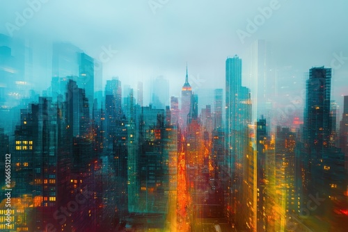 Cityscape at Dusk with Blurry Reflections and Warm Lights photo