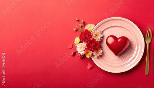 Romantic Valentine's day concept with Heart and Flower Décor on Pink and Red Gradient