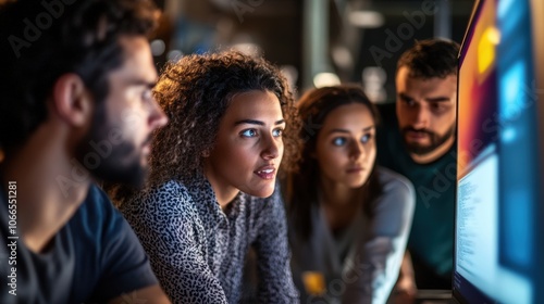 A group of people are looking at a computer screen