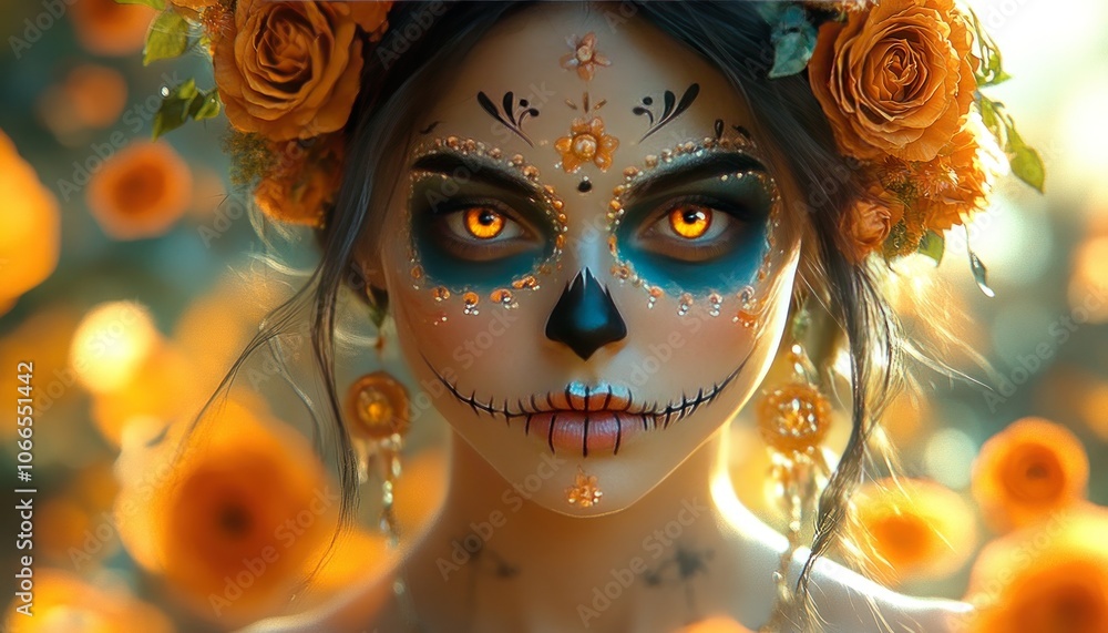 woman's face is painted in the Calavera Catrina style, featuring sugar skulls in a traditional Mexican horror theme to honor the Day of the Dead, often called the Latin Halloween. Santa Muerte. woman's face is painted in the Calavera Catrina style, featuring sugar skulls in a traditional Mexican horror theme to honor the Day of the Dead, often called the Latin Halloween. Santa Muerte.