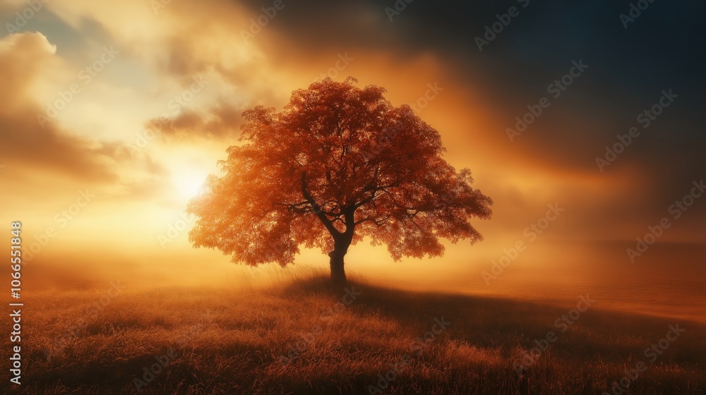Obraz premium Tree standing in the middle of grassland during sunset