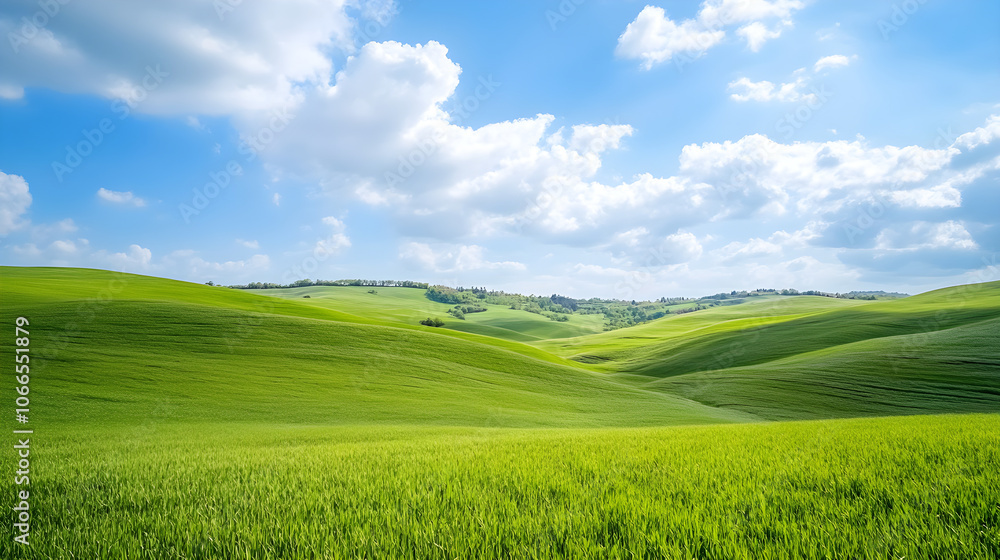Fototapeta premium Lush green hills and meadows under bright blue sky create serene landscape