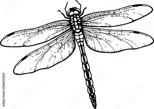 Dragonfly Flying Black Sketch Linear Isolated on White Background. Dragonfly Silhouette Linear Grunge Vector Illustration
