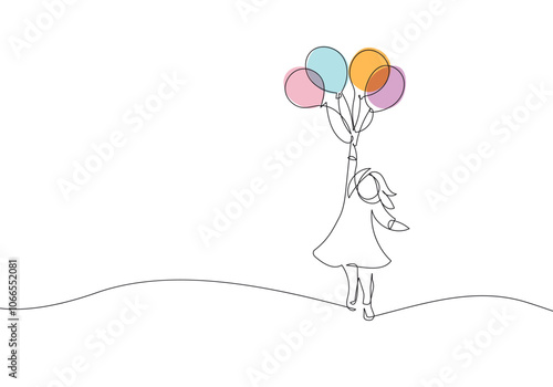 One Line Drawing Art Illustration of Happy Little Girl Running with Balloons. Continuous Line of Girl with Balloon. Vector One Continuous Line Hand Drawing for Trendy Minimalist Design