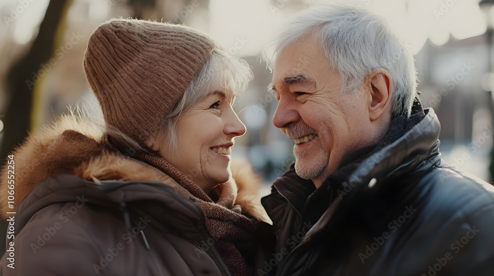 senior couple smiling at each other, enjoying joyful moment together senior couple smiling at each other, enjoying joyful moment together