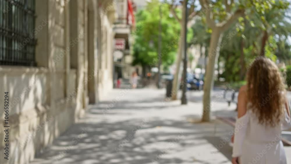 Outdoor scene with defocused people walking along a sunlit sidewalk lined with trees and benches Outdoor scene with defocused people walking along a sunlit sidewalk lined with trees and benches