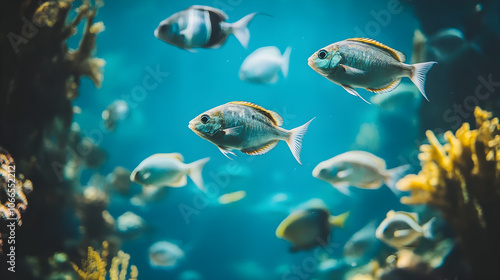 Swimming fish in vibrant blue ocean with coral reefs surrounding them