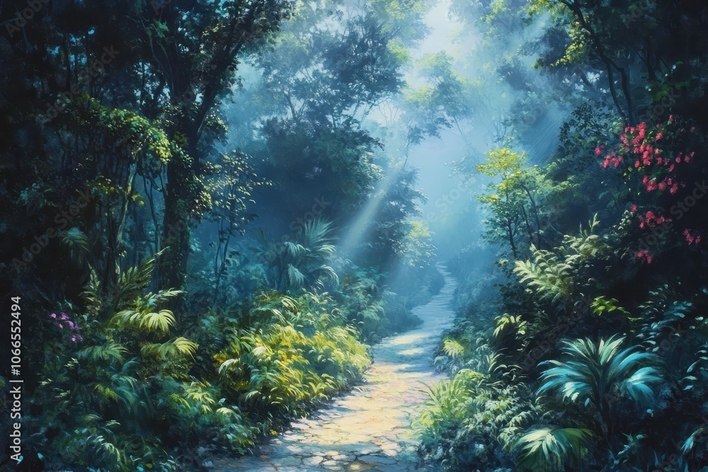 Obraz premium A Sunlit Path Through a Lush, Green Forest