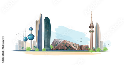 Explore KUWAIT. modern skyscrapers in KUWAIT illustration. World tourism day