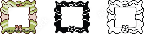 Three variations of a rectangular frame with wavy, organic edges. One is filled with muted colors, the second is black, and the third is an outline.